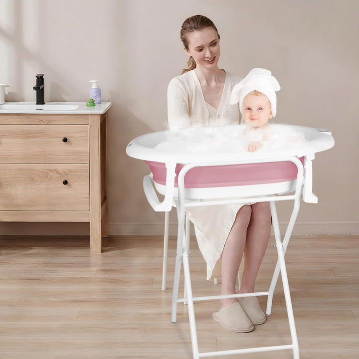 Faltbare Babybadewanne XXL mit Ständer, Sitz und Drainagesystem, 2-in-1 Babybadewanne auf Fuss, falt