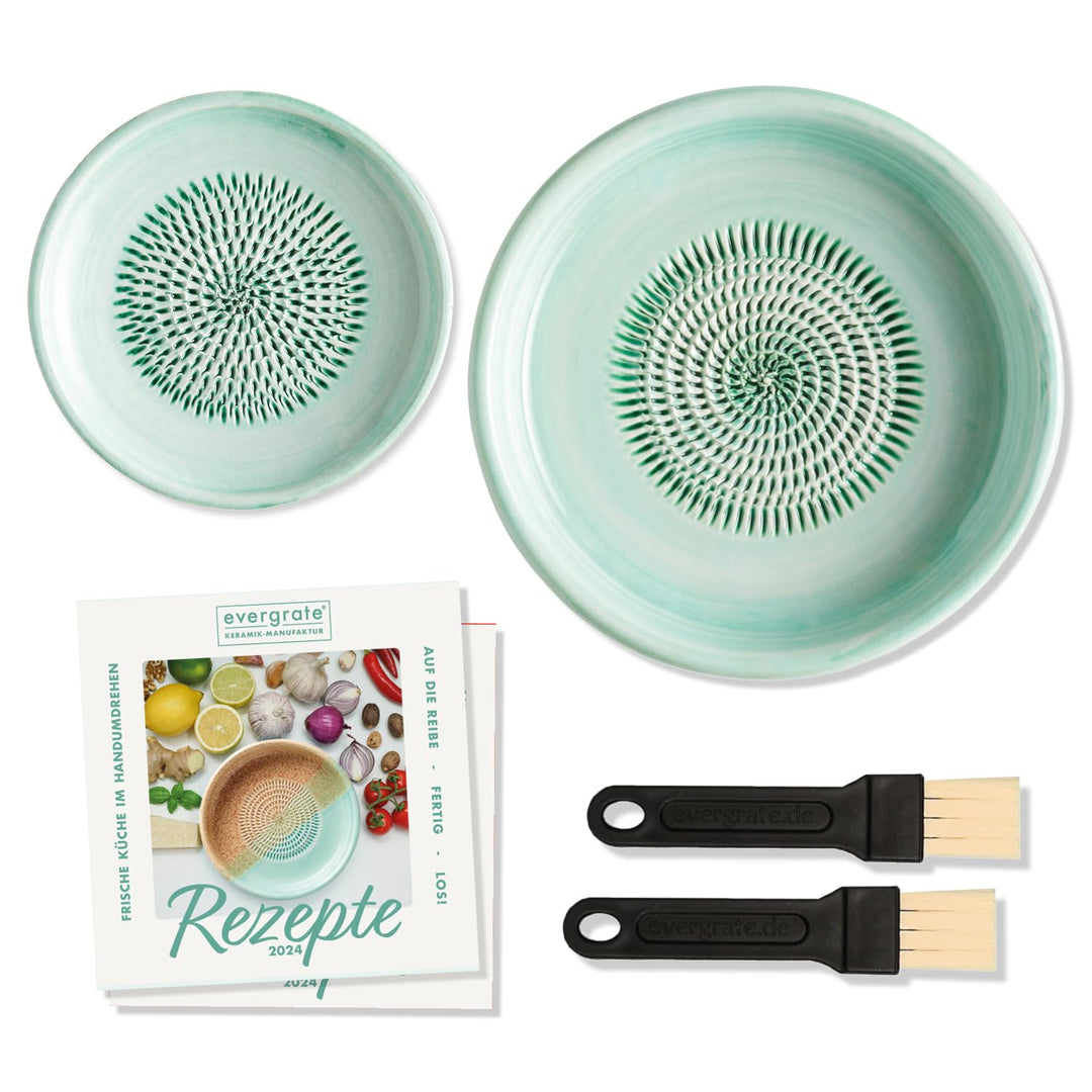 evergrate Geniales Duo: Tellerreibe + Dipschale Motiv Mint mit 2 Küchenpinsel und 2 Rezepthefte, Min