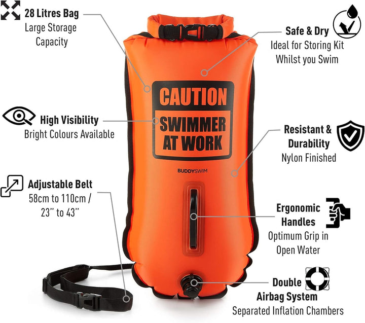 Buddyswim Set aus Freiwasser-Schwimmboje 28 Liter und Badekappe. Sicherheitsboje zum Schwimmen im of