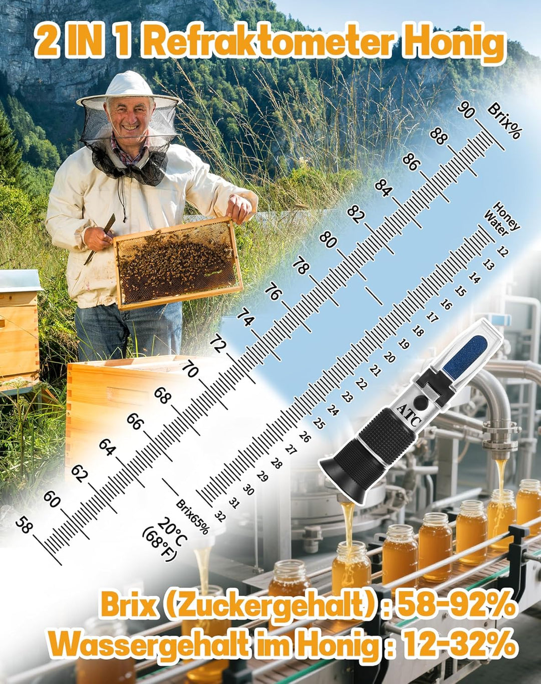2 in 1 Honig Refraktometer mit ATC Imker Refraktometer Brix 58-90% Wassergehalt im Honig 12-32% Refr