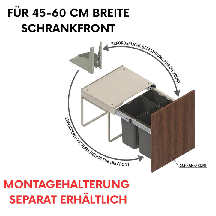 Einbau-Mülleimer für 45 cm Schrank 3-fach Abfallsystem mit Deckel Soft-Close & Vollauszug 1 x 20L +