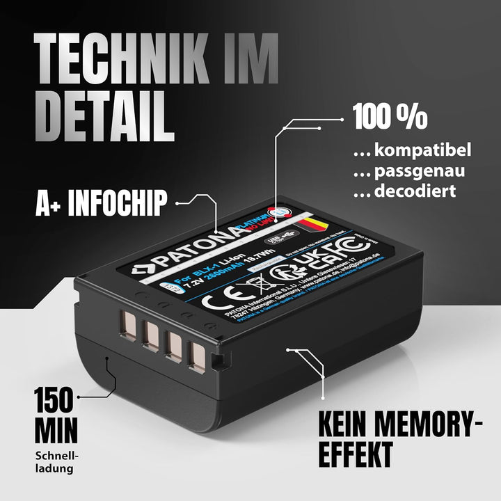 PATONA Platinum BLX-1 Akku 2600mAh / 18,7Wh / 7.2V USB-C Input kompatibel mit Olympus OM-1 OM-3 OM1