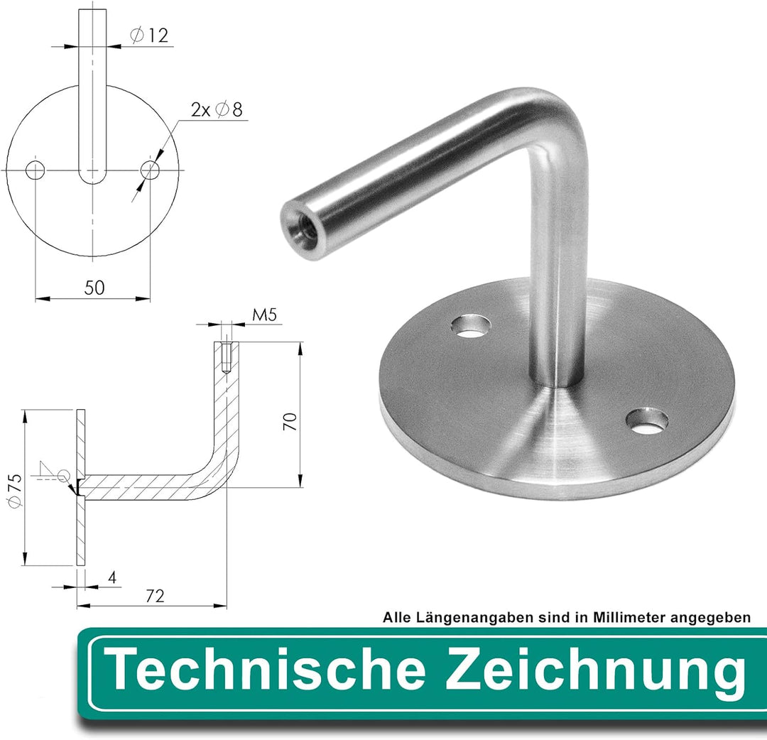 PRIOstahl Handlaufhalter Wandhalter Handlaufstütze für Handlauf - 4 x Handlaufträger an die Wand 2-L
