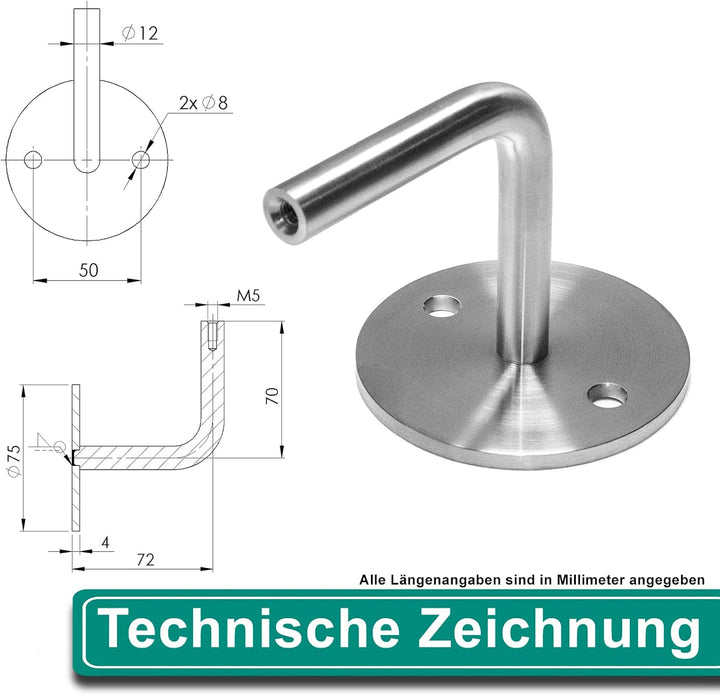 PRIOstahl Handlaufhalter Wandhalter Handlaufstütze für Handlauf - 4 x Handlaufträger an die Wand 2-L