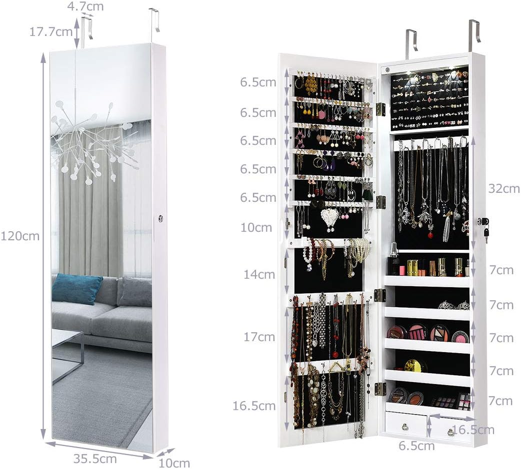 GIANTEX Schmuckschrank hängend mit LED, Spiegelschrank Ganzkörperspiegel, Schmuckregal Schmuckkommod