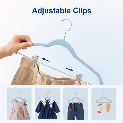Wellong Baby-Kleiderbügel mit Clips, 14 Stück KinderKleiderbügel aus Samt, Strapazierfähige Kleiderb