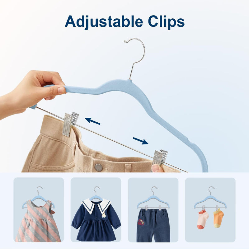Wellong Baby-Kleiderbügel mit Clips, 14 Stück KinderKleiderbügel aus Samt, Strapazierfähige Kleiderb