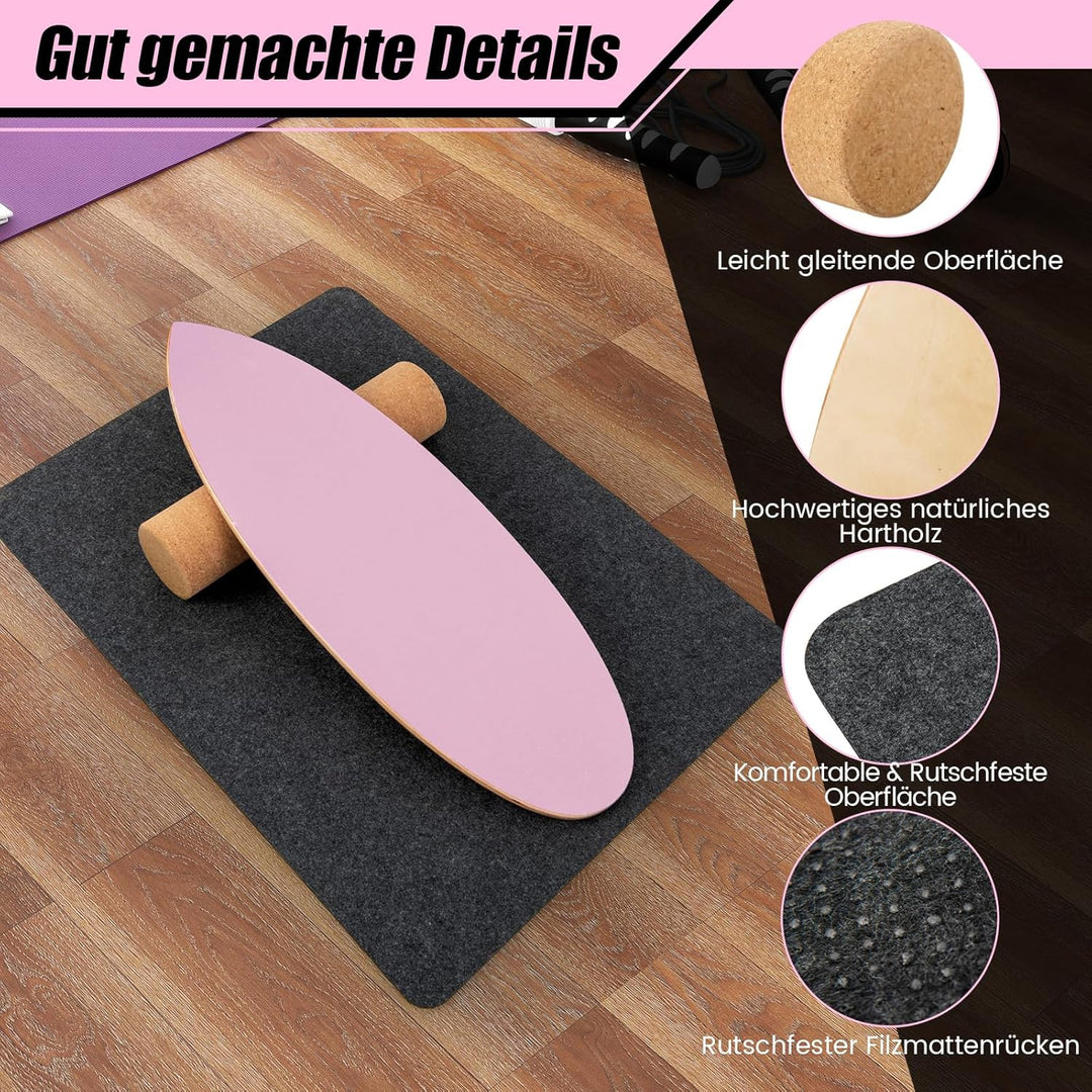 GYMAX Balance Board aus Holz, 15 mm BalanceBoard mit 10mm Korkrolle & rutschfeste Matte aus Filz, In