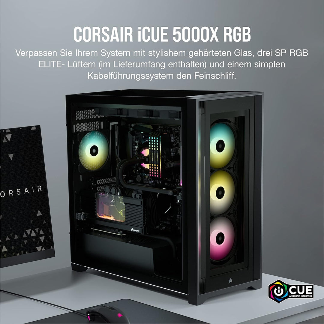 Corsair iCUE 5000X RGB Mid-Tower-ATX-PC-Smart-Gehäuse mit Gehärtetem Glas (Vier Paneele aus Gehärtet
