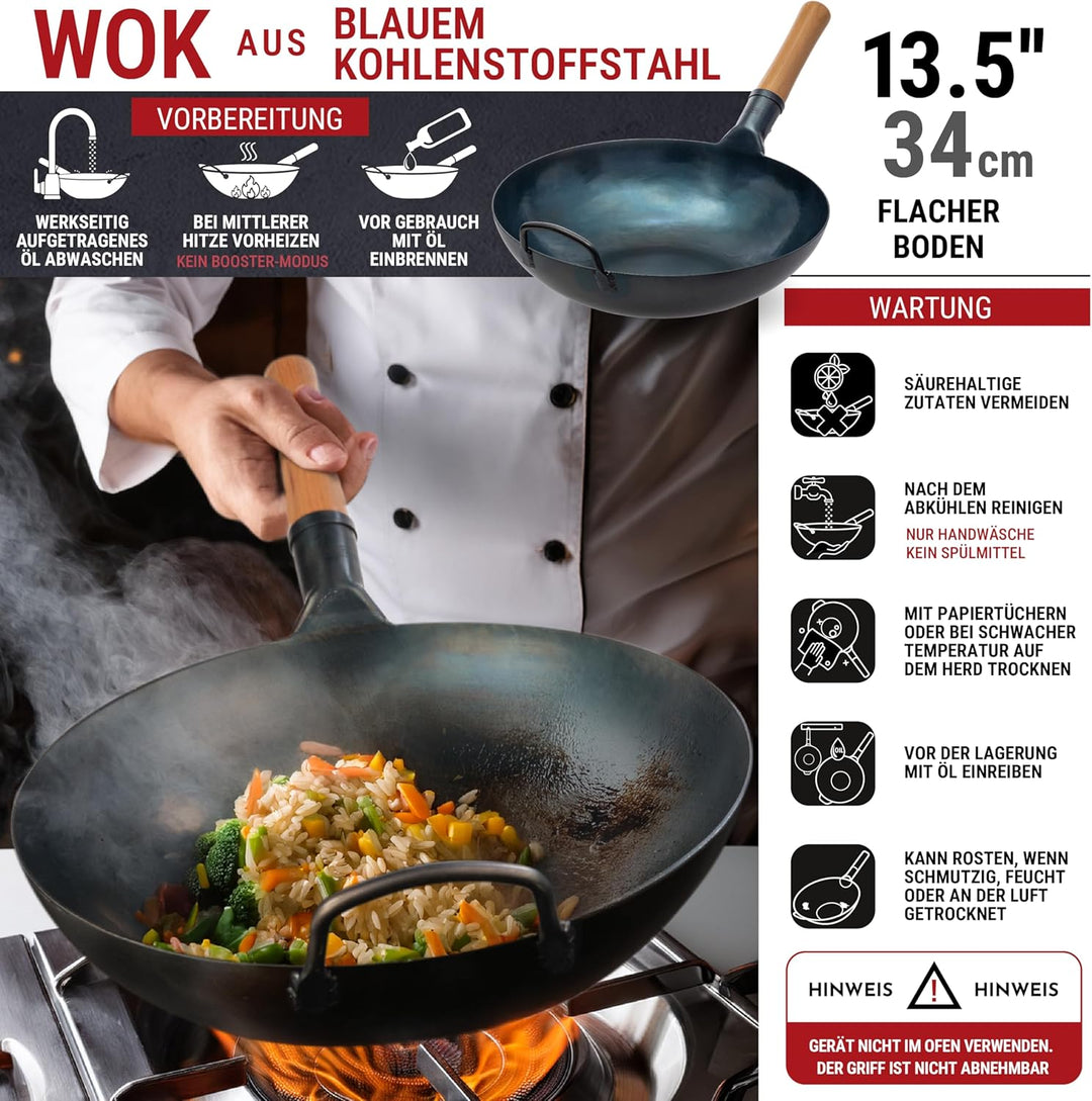 YOSUKATA Karbonstahl Woks &amp; Wokpfannen (34 cm) - Voreingebrannter Wok Pfanne Karbonstahl Flacher Bod