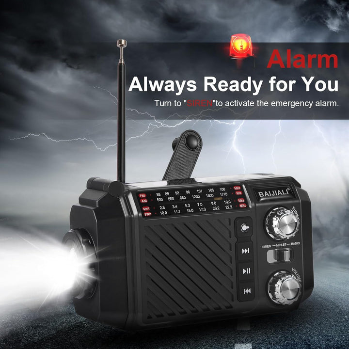 Kurbelradio Notfallradio mit 2600mAh Powerbank, Solar & USB-C Ladung, AM/FM/SW Weltempfänger, LED-Ta