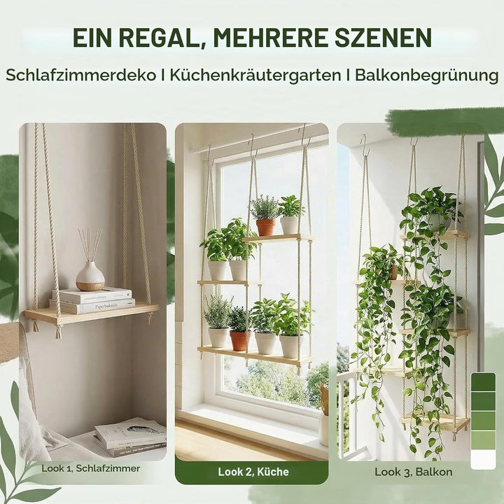 Hängeregal Pflanzen Holz Pflanzenregal Hängend Pflanzenständer mit 5 Etagen Wandregal Makramee Regal