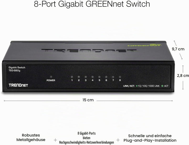 TRENDnet TEG-S82G 8-Port Gigabit GREENnet Switch, Ethernet Splitter, 10/100/1000 Mbps, Lüfterlos, 16