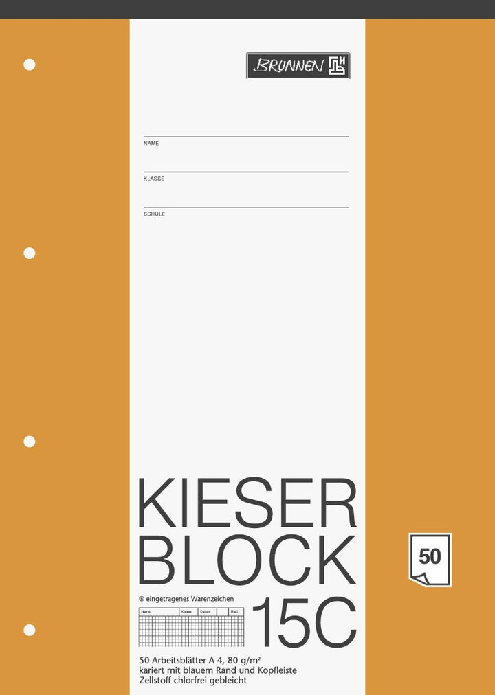 5er Pack Brunnen 15C A4 Kieserblock kariert 50 Blatt