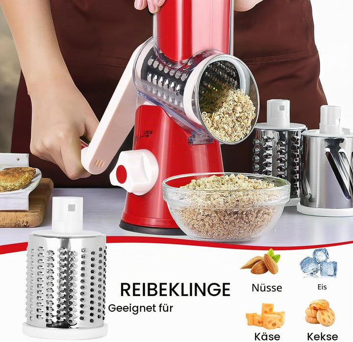Dreamhigh® Käsereibe mit Kurbel, Gemüseschneider mit 3 Edelstahl Austauschbaren Trommelklingen, Manu