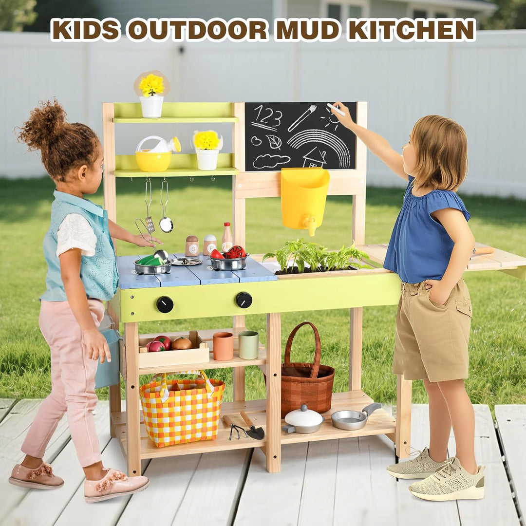 Dreamon Matschküche Kinder Outdoor, Holz-Spielküchenset mit Abnehmbarer Spüle, Kreidetafel, Gartensp