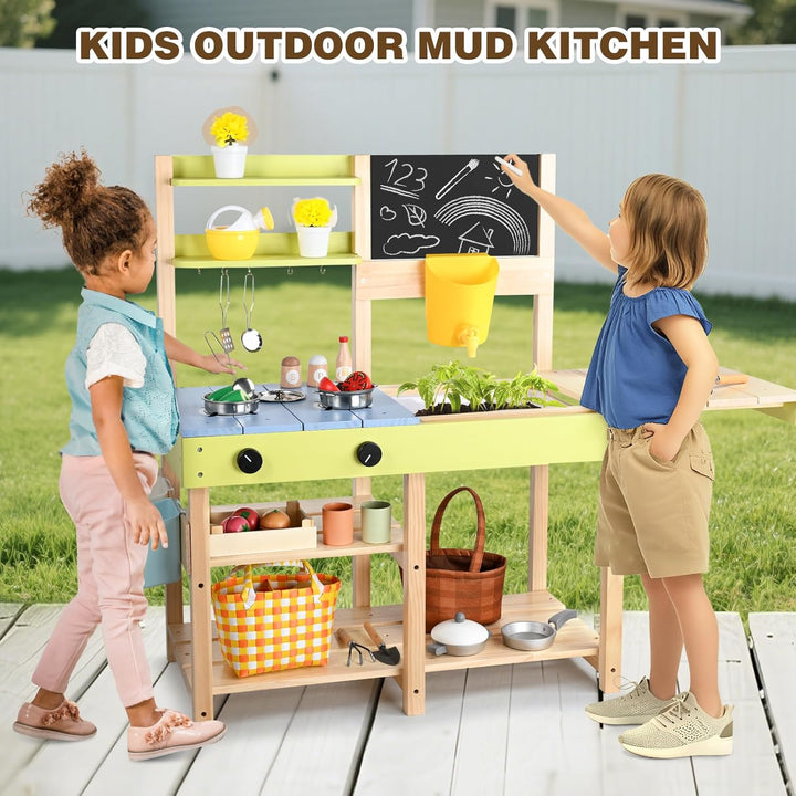 Dreamon Matschküche Kinder Outdoor, Holz-Spielküchenset mit Abnehmbarer Spüle, Kreidetafel, Gartensp