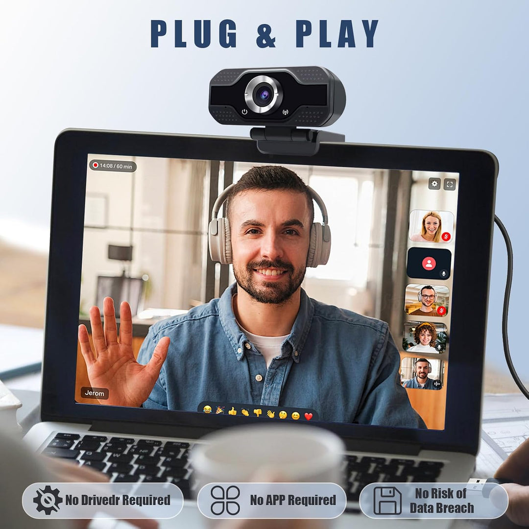 Full HD Webcam 1080p mit zwei Mikrofonen, Upgraded Autofokus, 30 fps, mit Geräuschreduzierung, mit P