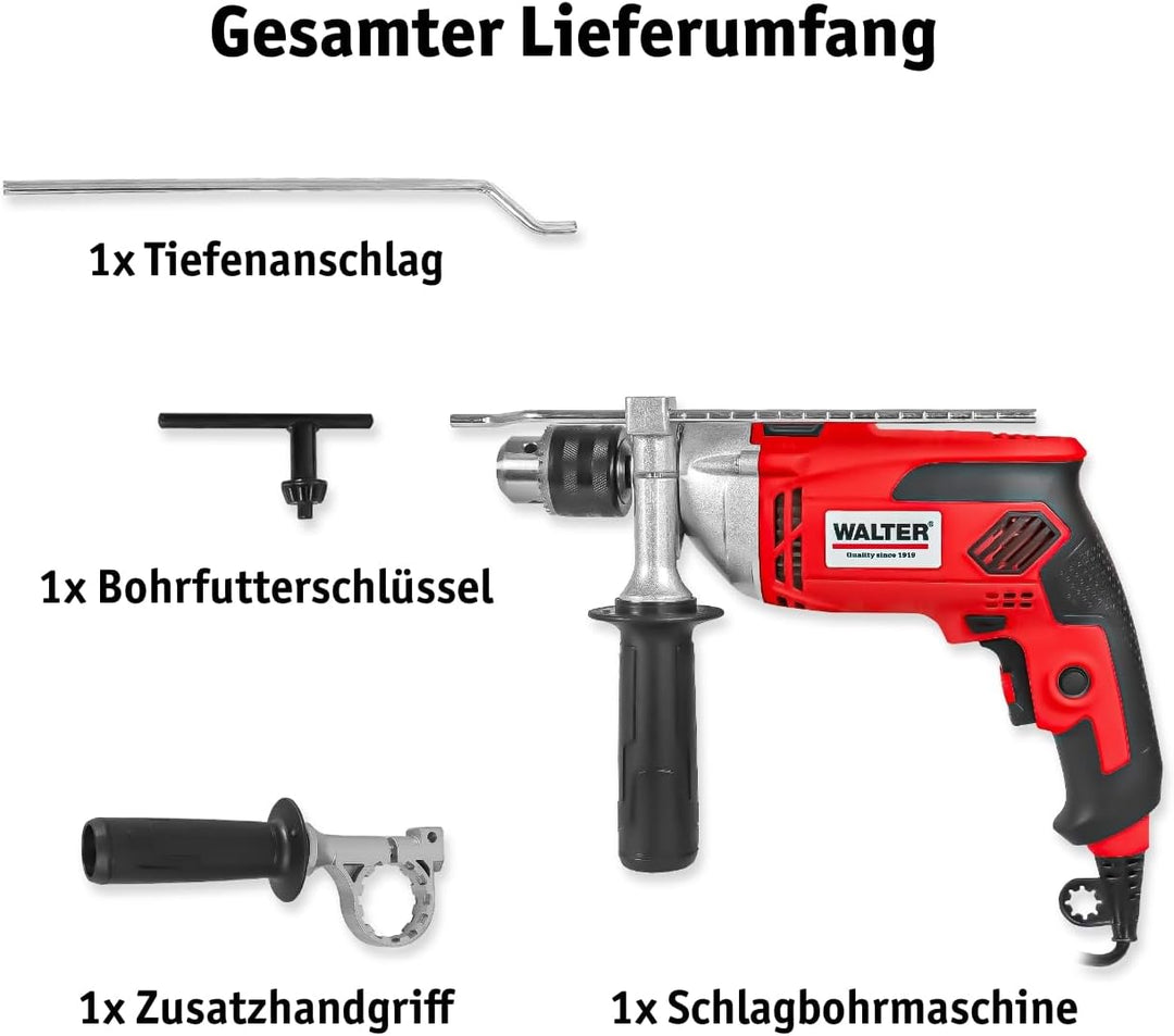 WALTER Schlagbohrmaschine (910 Watt, elektr. Drehzahlregelung, mit zweiten Handgriff, Tiefenanschlag