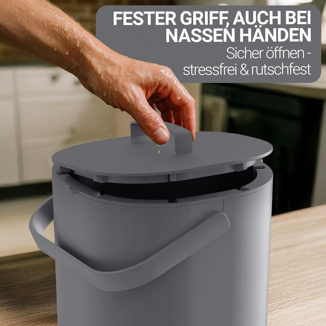 PTMS® Biomülleimer Küche 6L - Biomüll mit praktischem Deckel zum Einhängen & Innensieb - Spülmaschin