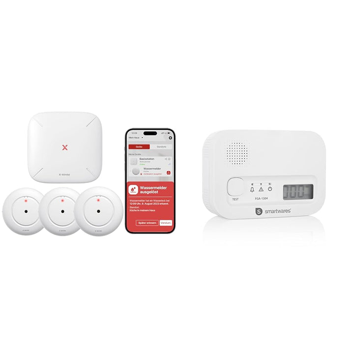 X-Sense Smart Wassermelder mit Batterie, WLAN Wassersensor & Smartwares FGA-13041 Kohlenmonoxid-Meld
