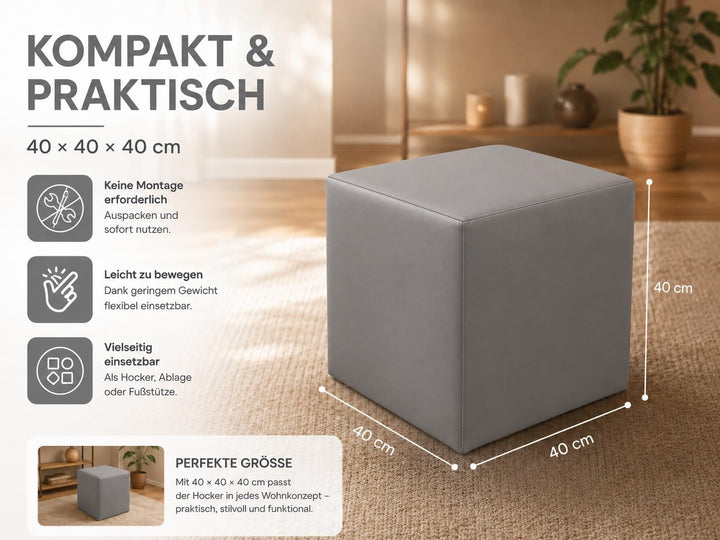 Best for Home Sitzhocker Kunstleder Sitzwürfel Bodenkissen Fusshocker 40x40x40 cm viele Farben (Grau