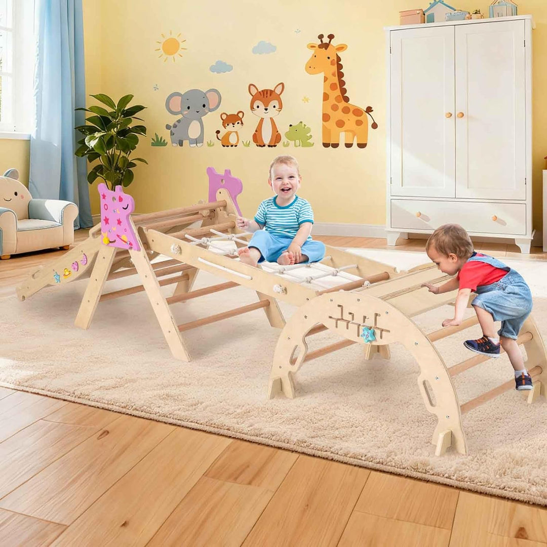 HOMASIS 4 in 1 Kletterdreieck mit Kletternetz, Kletterbogen, Wippe & Leiter, Klettergerüst mit doppe