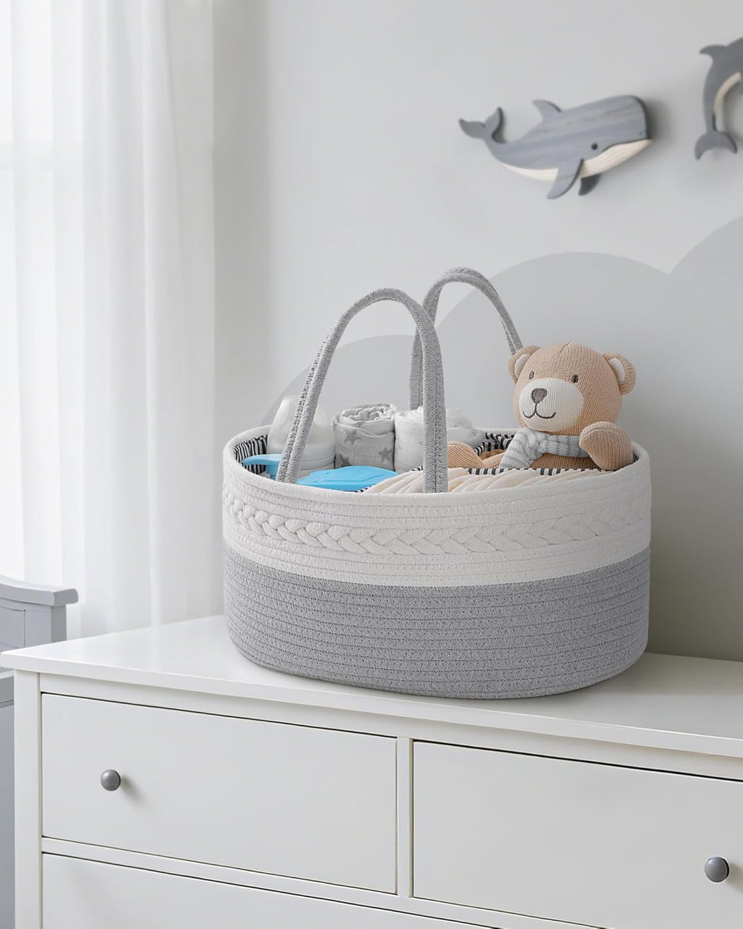 Maliton Baby Windel Caddy Organizer，Wickeltisch Organizer Aufbewahrungskorb mit Herausnehmbaren Fäch