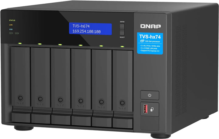 Qnap TVS-h674-i3-16G Intel Core i3 Prozessor, 16 GB RAM, PCIe Gen 4, Schwarz, 6 Bay