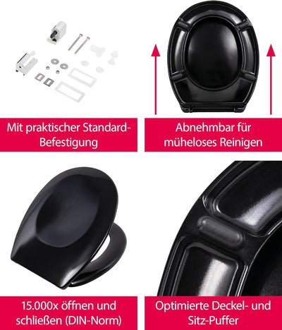 'aquaSu® Basic, WC-Sitz in Schwarz, Duroplast Toilettendeckel mit Absenkautomatik, Belastbar bis 200