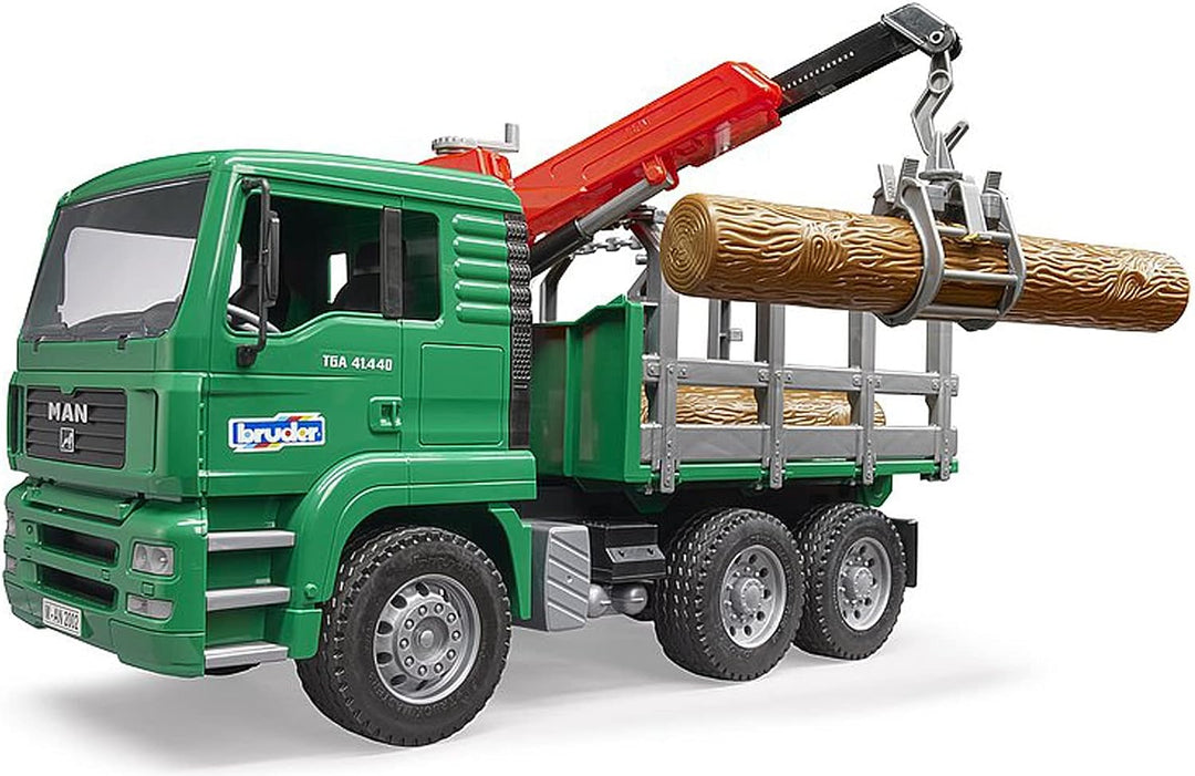 bruder 02769 - Man Holztransport-LKW mit Ladekran & 3 Baumstämmen - 1:16 Holztransporter Lastwagen L