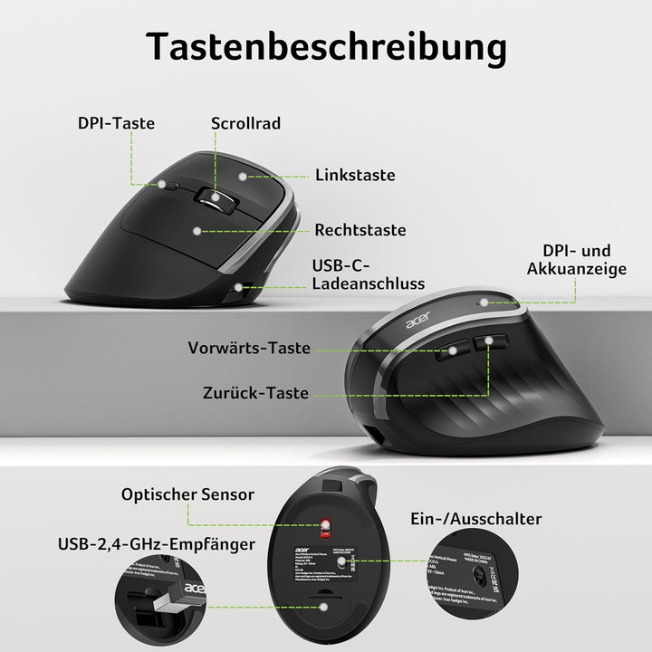 acer 2.4G Ergonomische Maus, Vertikale Optische Maus Kabellos 1600 DPI, Wiederaufladbar Wireless Mou