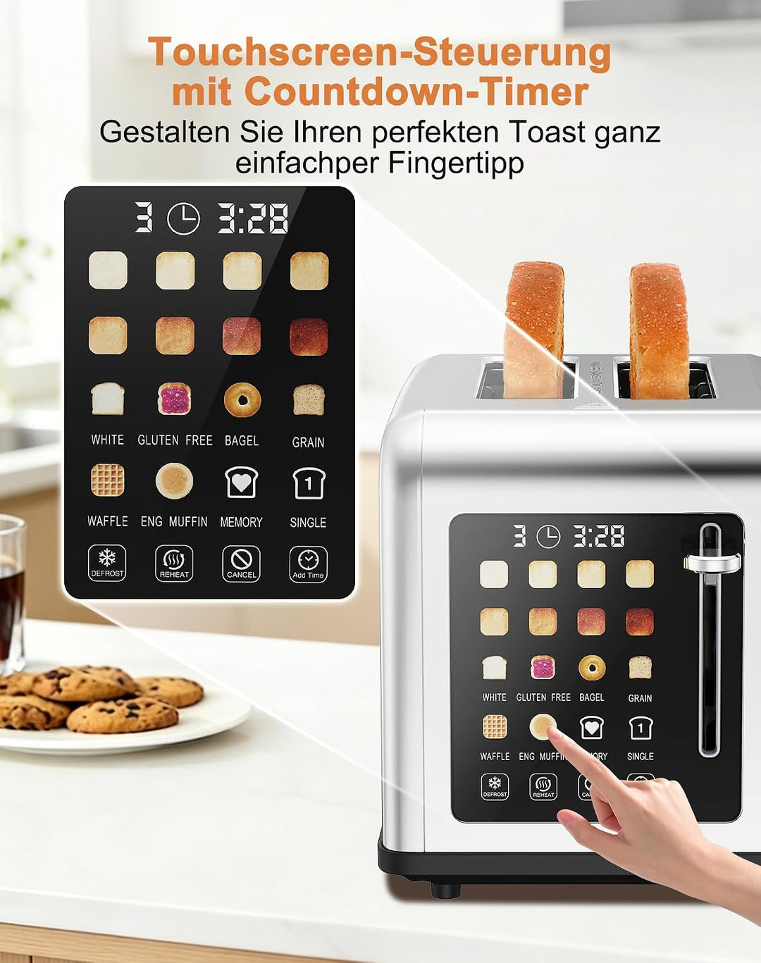 Toaster 2 Scheiben, Edelstahl Toaster mit Touchscreen, Countdown-Anzeige &amp; Memory-Funktion, 2 Toasts