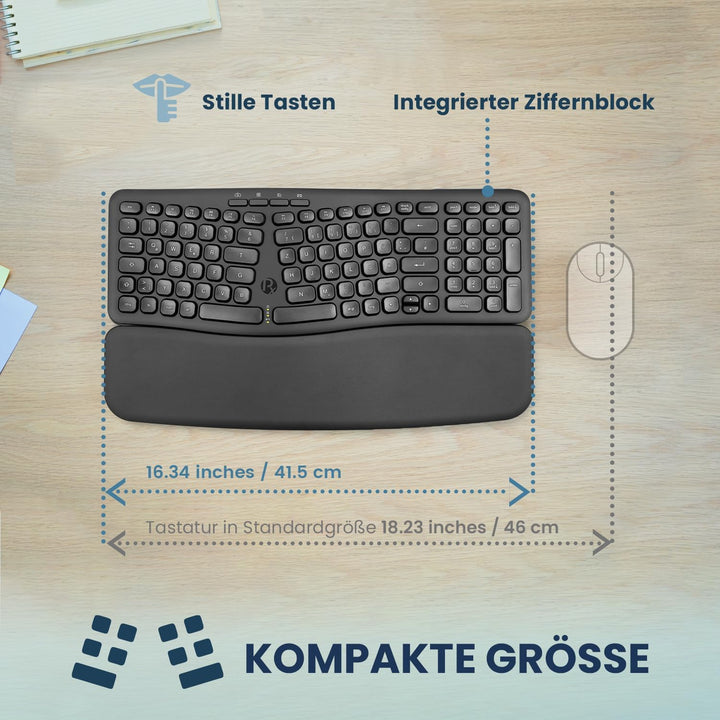 Perixx PERIBOARD-636DE Wireless Ergonomic Compact Keyboard, Leise Tasten, 2.4G Technologie, Abnehmba
