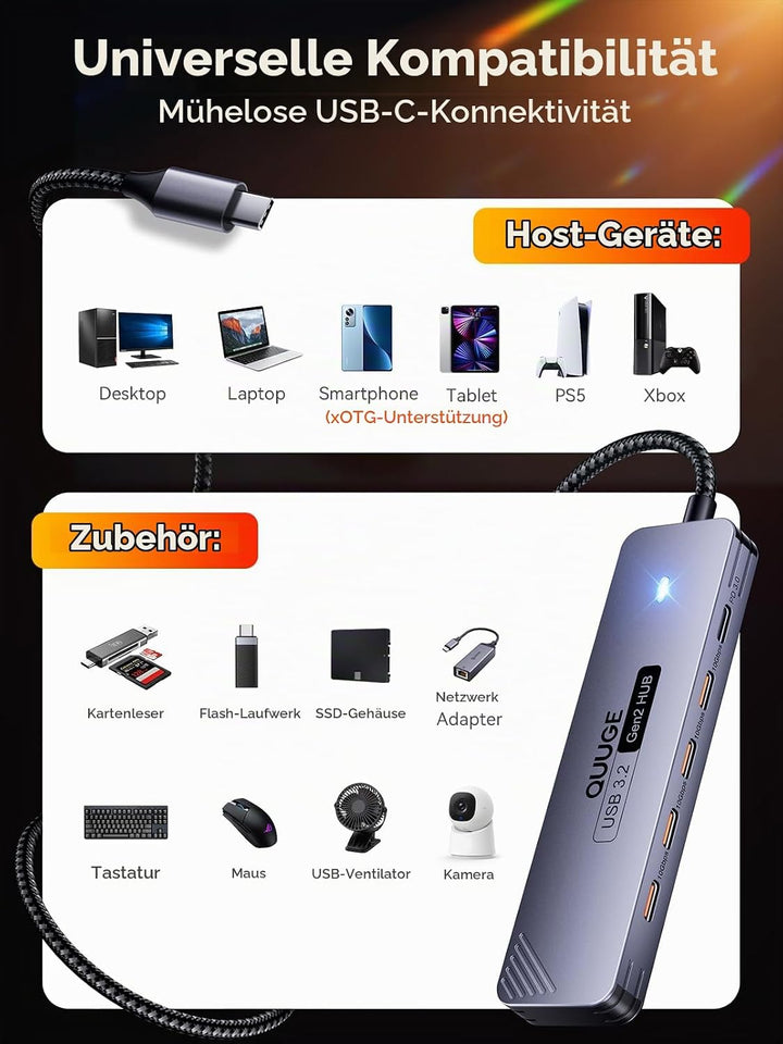 QUUGE USB C Hub 10 Gbps, PD100W, 4 USB 3.2 Datenports USB Splitter, Multiport Adapter USB Verteiler