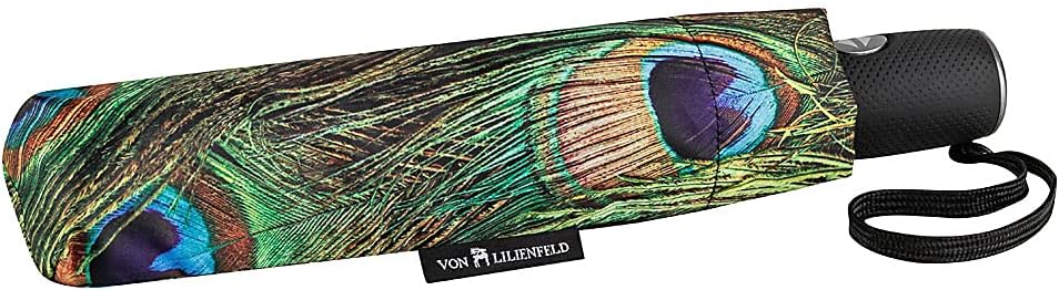 VON LILIENFELD Regenschirm Taschenschirm Pfau Windfest Auf-Zu-Automatik Stabil Leicht Kompakt Federn