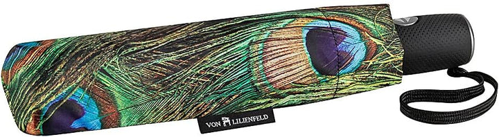 VON LILIENFELD Regenschirm Taschenschirm Pfau Windfest Auf-Zu-Automatik Stabil Leicht Kompakt Federn