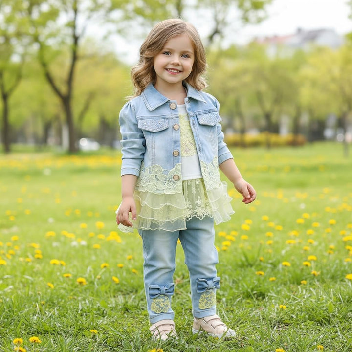 Yao Baby kleidung,Baby Mädchen Kleidungsset 3tlg Button-Stil Jeansjacke gestickte langarm T-Shirt un