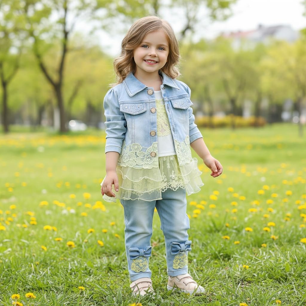 Yao Baby kleidung,Baby Mädchen Kleidungsset 3tlg Button-Stil Jeansjacke gestickte langarm T-Shirt un