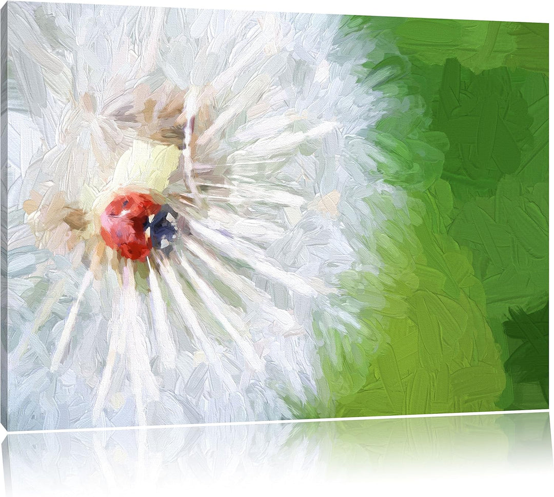 Pixxprint Marienkäfer auf einem Löwenzahn / 100x70cm Leinwandbild bespannt auf Holzrahmen/Wandbild K