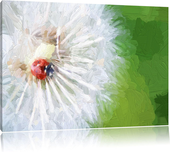 Pixxprint Marienkäfer auf einem Löwenzahn / 100x70cm Leinwandbild bespannt auf Holzrahmen/Wandbild K