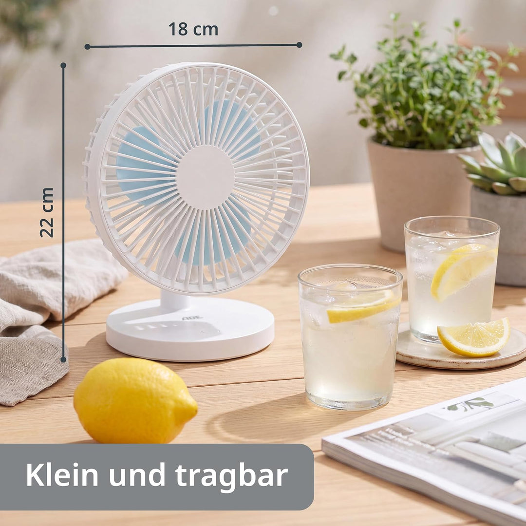 ADE Sehr leiser Tischventilator | USB Ventilator mit 3 Geschwindigkeitsstufen | 2.000 mAh Akku für b