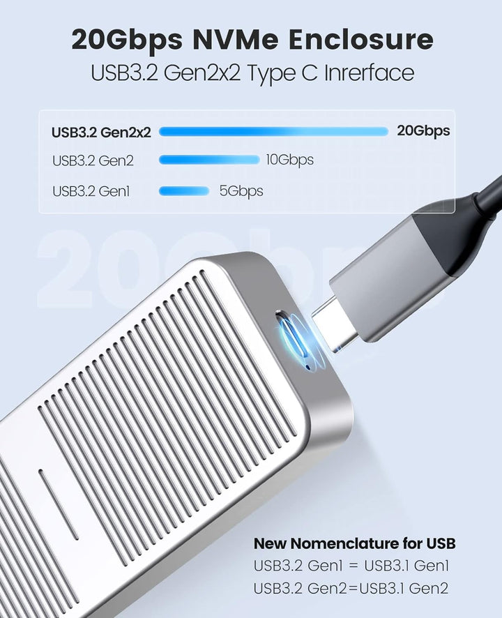 ORICO M.2 NVMe SSD Gehäuse 20 Gbps NVMe Case auf USB C 3.2 Gen2X2, Aluminium Externer Adapter für M2