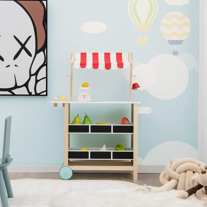 DREAMADE Kinder Eiswagen mit 6 Spielzeug-Eiscreme, Kaufladen aus Holz mit 2 Rädern und Markise, Eink