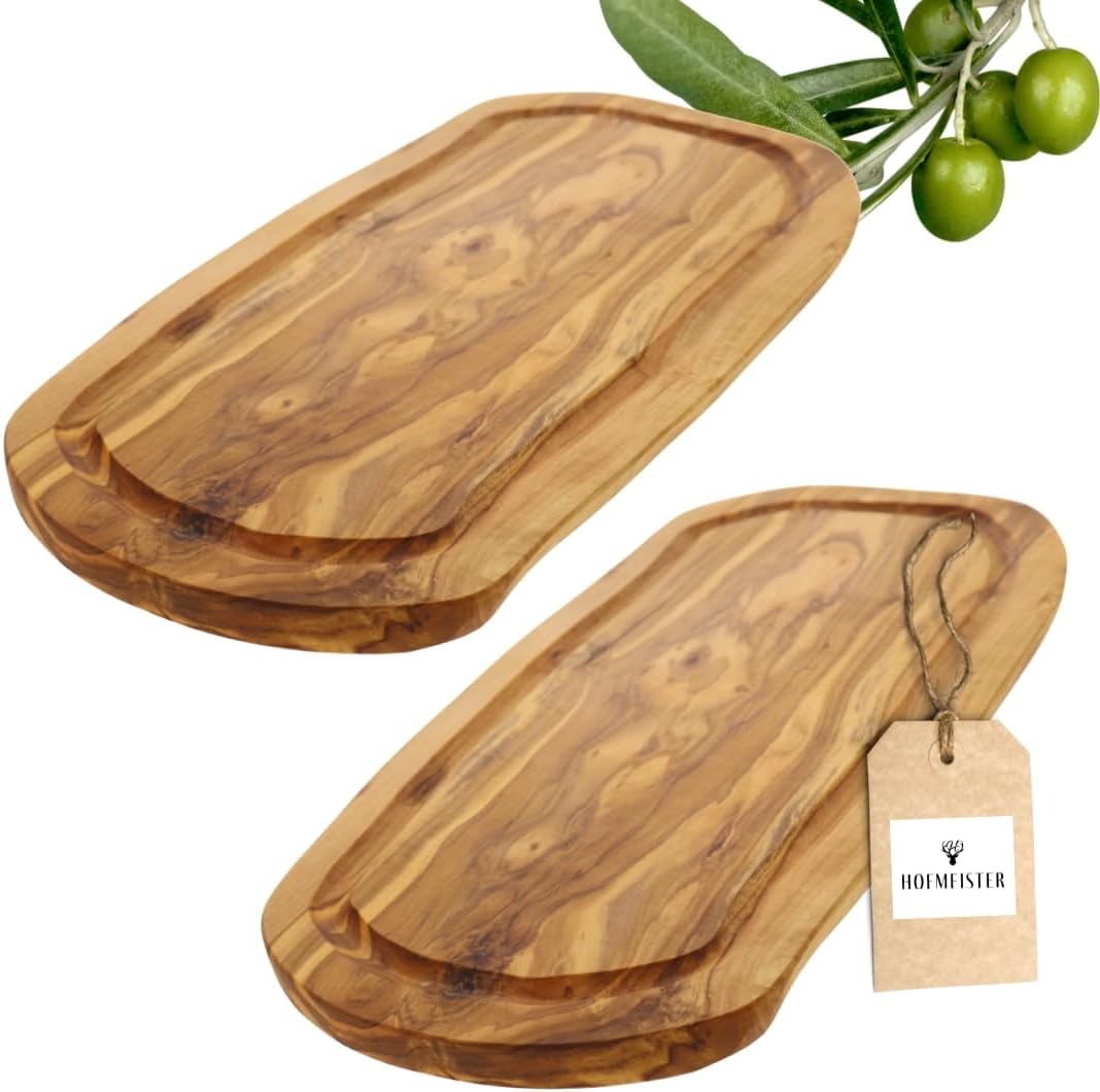 2x HOFMEISTER® Schneidebrett Saftrille Olivenholz - praktisches Set aus zwei Brettern aus Olive mit