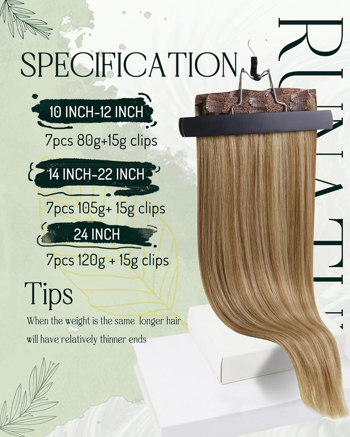 RUNATURE Clip in Extensions Echthaar Braun Hervorheben Blond 60cm 7Pcs Lang Echthaar Extensions Clip