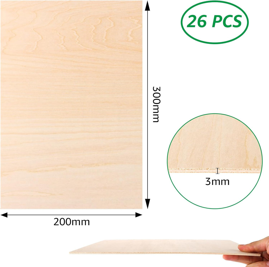 DAJAVE 26 Stück holzplatte A4 Sperrholz 3mm, 300x200x3mm Sperrholzplatte 3mm Holzplatten zum Basteln