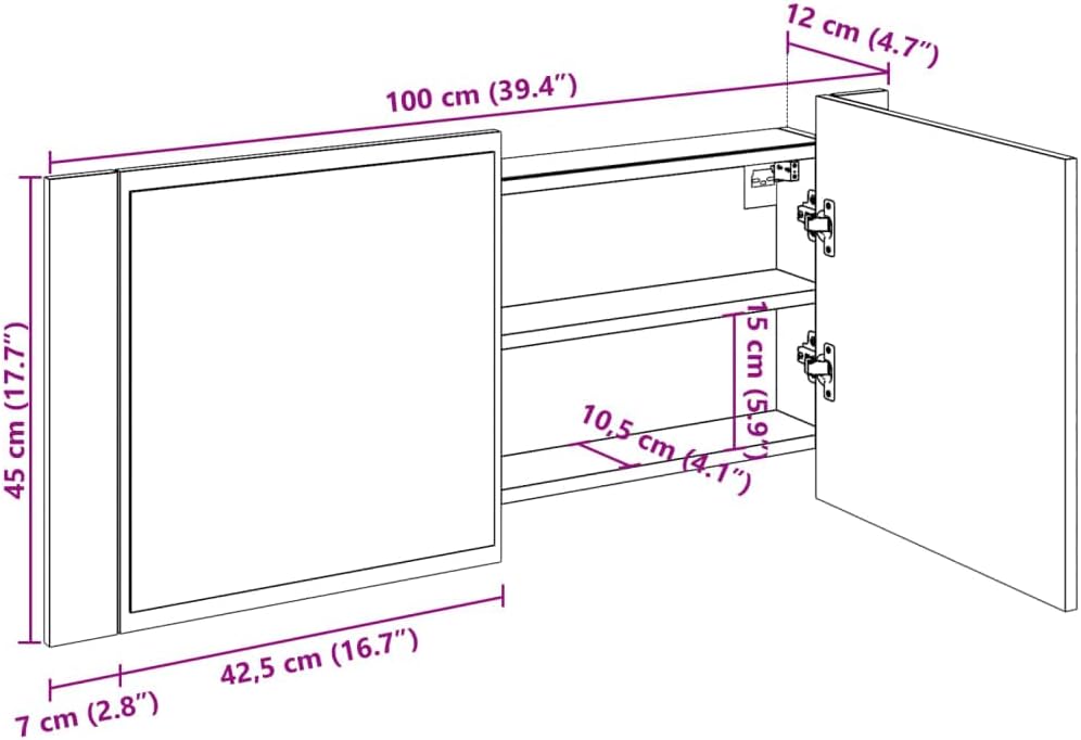 vidaXL LED Spiegelschrank, Badezimmerschrank mit Stauraum LED-Beleuchtung, Badschrank mit Spiegel, B