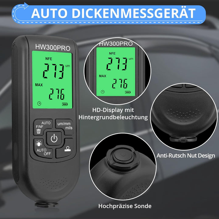 CAMWAY Profi Schichtdickenmessgerät 0-2000μm, Dickenmessgerät mit LCD-Anzeige & Batteriestands, Lack