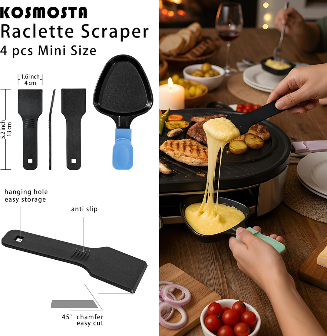 Raclette Pfännchen Ersatz-Set, 4er-Set dreieckige Antihaft-Pfannen mit farbcodierten Griffen in Eisc